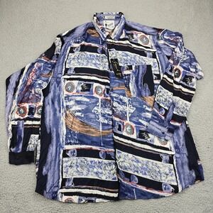 Vintage Goouch Shirt Mens 2XLT Blue Graphic Print Rayon Long Sleeve Button New
